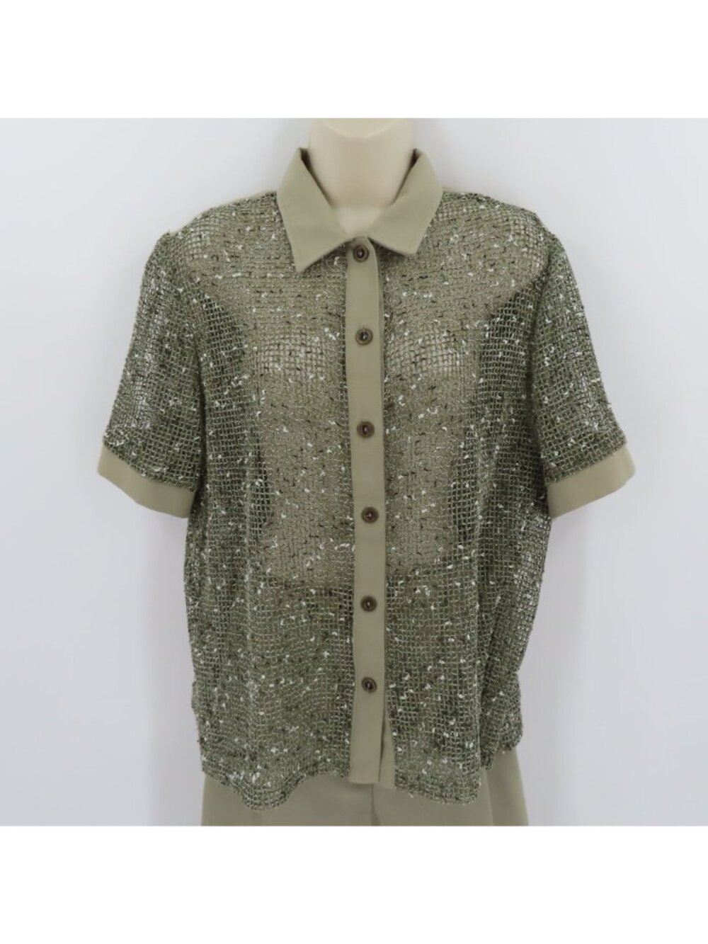 VTG Marshall Women 16 Green Sheer Mesh Collared Shirt Shorts 2 Piece Set Safari - Picture 2 of 16